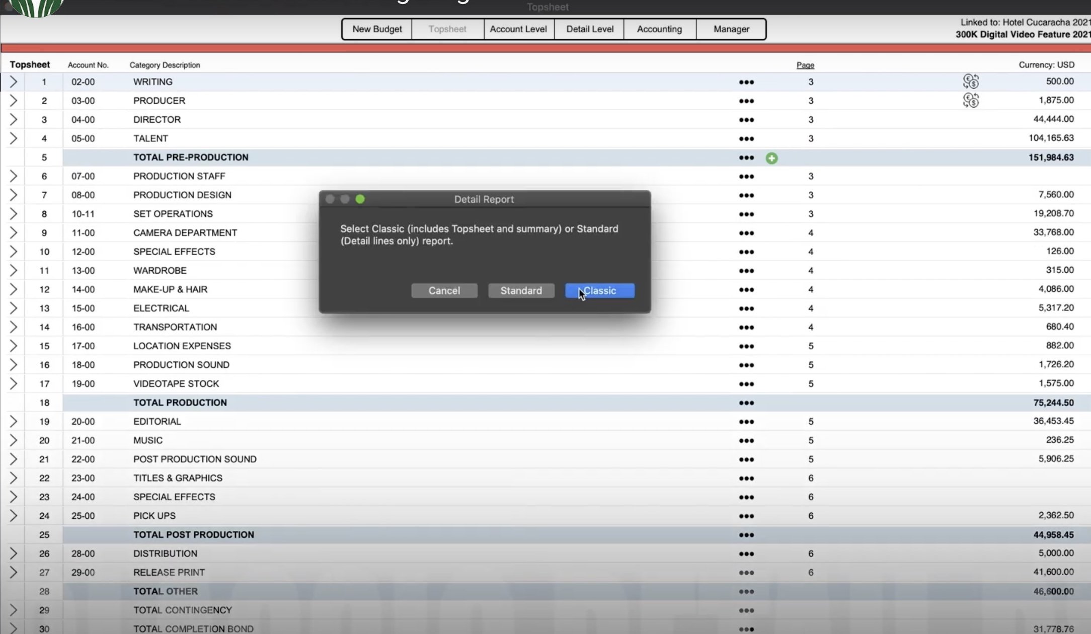 Screenshot of Gorilla Budgeting, film budgeting software